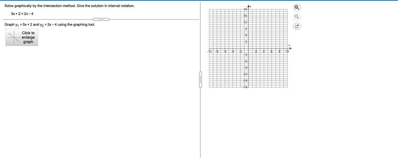 Solve graphically by the intersection method. Give the solution in interval notation-example-1