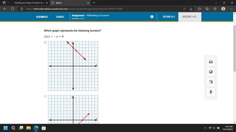 Which graph represents the following function? f(x) = -x+6-example-1