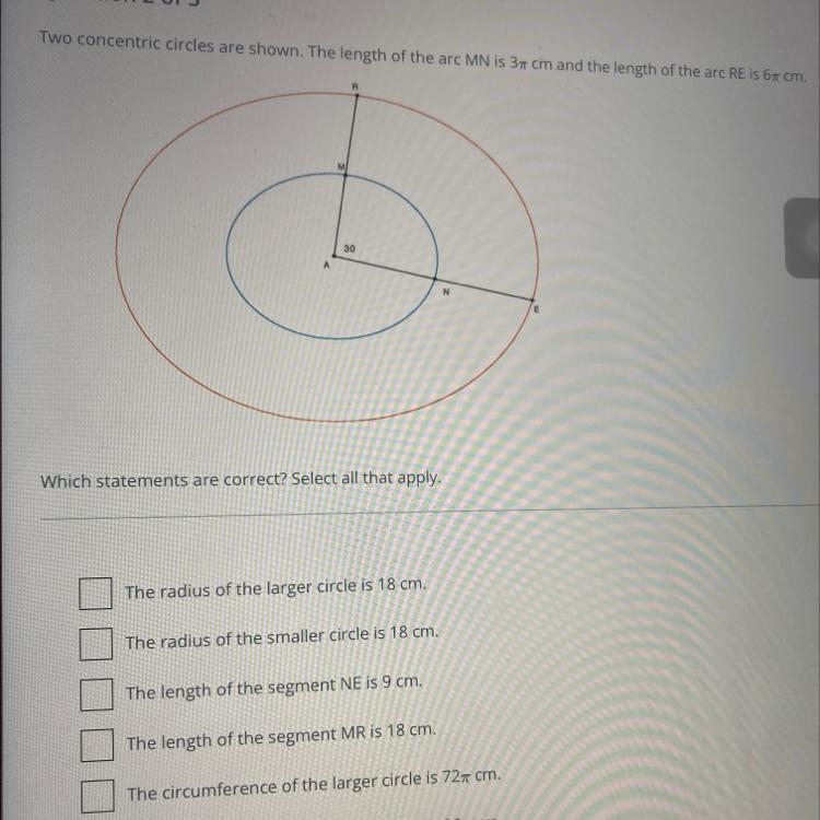 Two concentric circles are shown. The length of the arc MN is 37 cm and the length-example-1