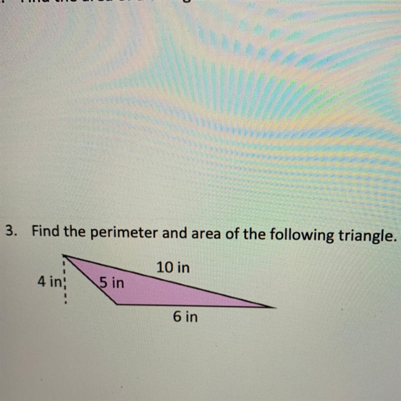 Find the perimeter and area of the following triangle.-example-1