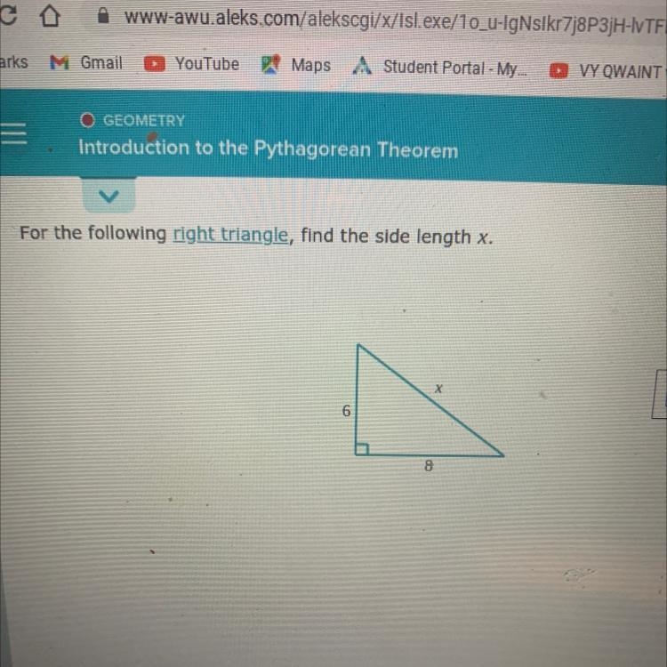 For the following right triangle, find the side length x.XO68-example-1