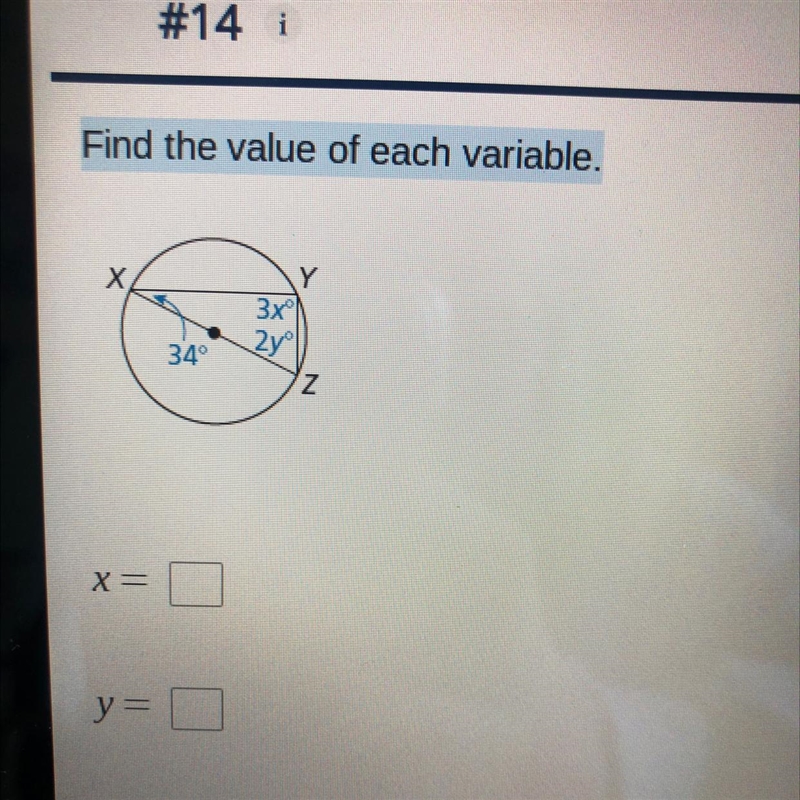 Find the value of each variable. 3x 2y 34-example-1