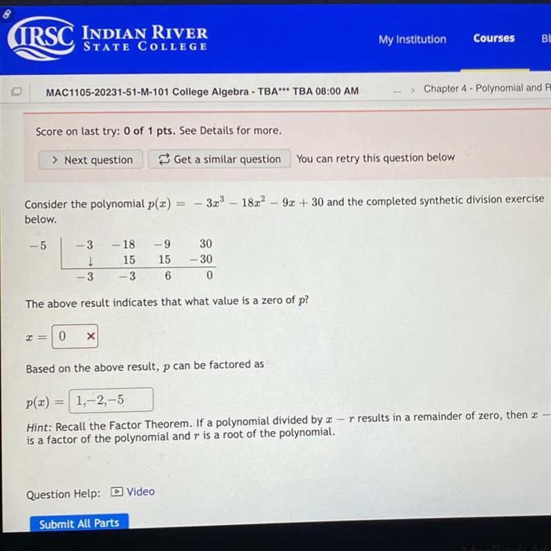 Consider the polynomial below. p(x) = - 3x³ - 18x²-9x + 30 and the completed synthetic-example-1