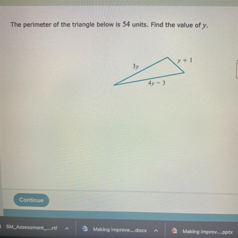 The perimeter of the triangle below is 54 units. Find the value of y.-example-1