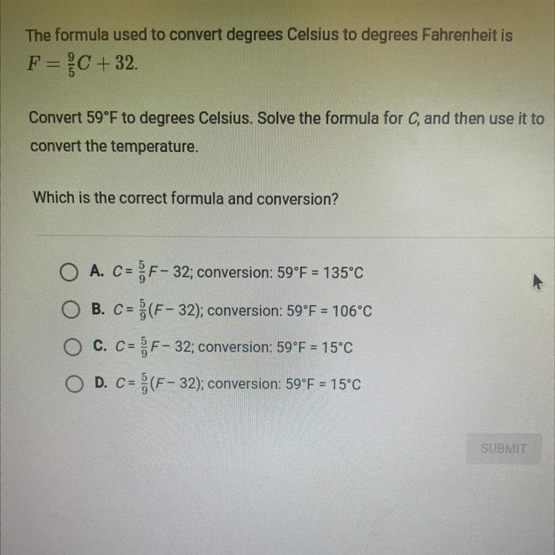 The formula used to convert degrees Celsius to degrees Fahrenheit isF = 9/5C+32.Convert-example-1