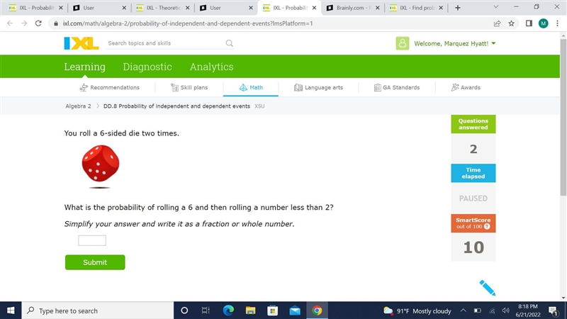 You roll a 6-sided die two times.What is the probability of rolling a 6 and then rolling-example-1