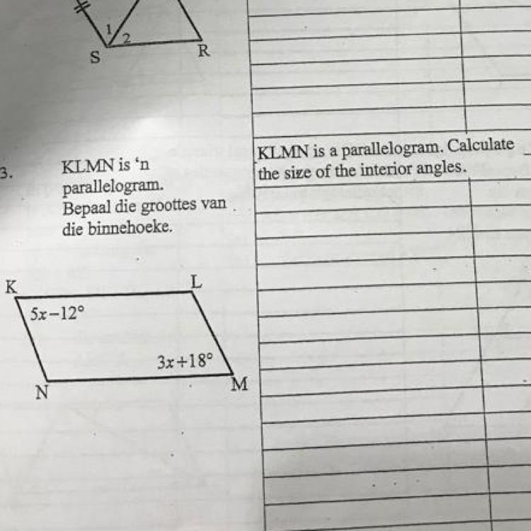 K 5x-12 a KimN is parallelogren calculate 3x+18 interior angles Size-example-1