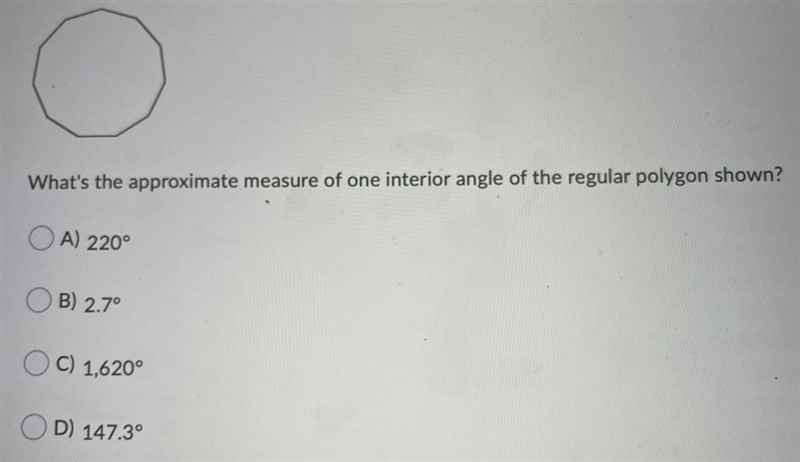 What's the approximate measure of one interior angle of the regular polygon shown-example-1