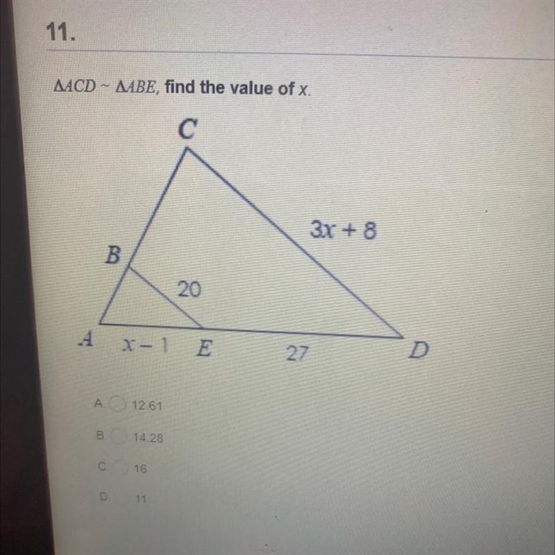 MACD - AABE, find the value of x,C3x + 8B20A X-1E27DA. 12.51B14,28c16D 11-example-1