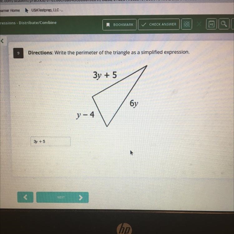 Write the perimeter of the triangle as a simplified expression.a3y + 56y-y - 4-example-1