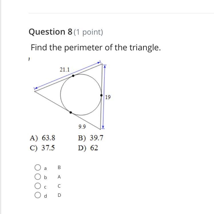 Question 8 (1 point) Find the perimeter of the triangle.-example-1