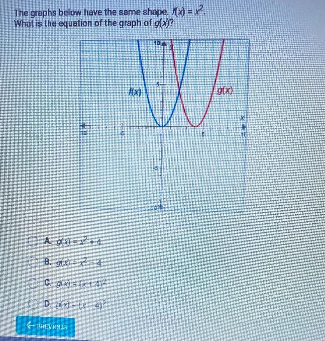 The graphs below have the same shape. f(x) = x^2.What is the equation of the graph-example-1