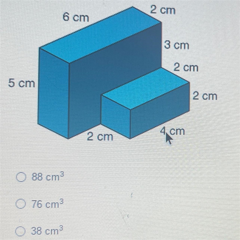 What is the volume of the solid figure below? 1. 88 cm3 2. 76 cm3 3. 38 cm3 4. 42 cm-example-1