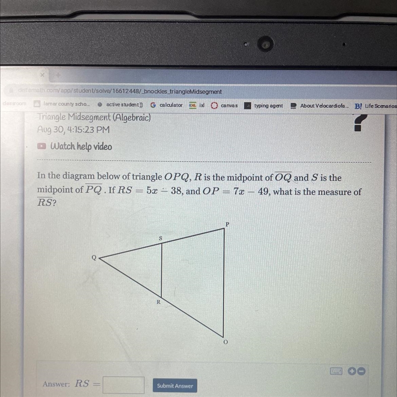 In the diagram below of triangle OPQ, R is the midpoint of OQ and S is the midpoint-example-1