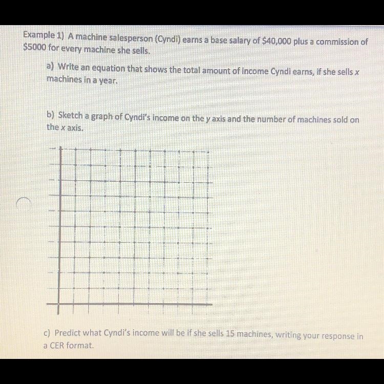 Example 1) A machine salesperson (Cyndi) earns a base salary of $40,000 plus a commission-example-1