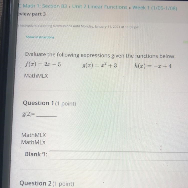 Evaluate the following expressions given the functions below.f(x) = 2x – 5 g(x) = x-example-1