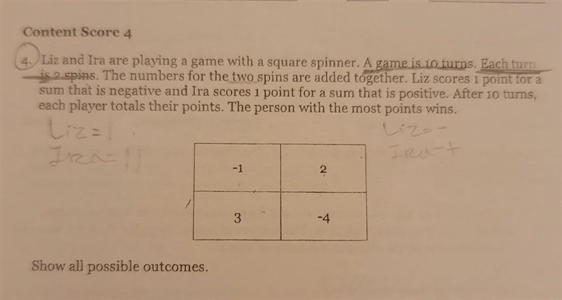 Liz and Ira are playing a game with a square spinner. A game is 10 turns. Each turnis-example-1