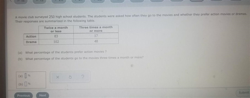 A movie club surveyed 250 high school students. The students were asked how often-example-1