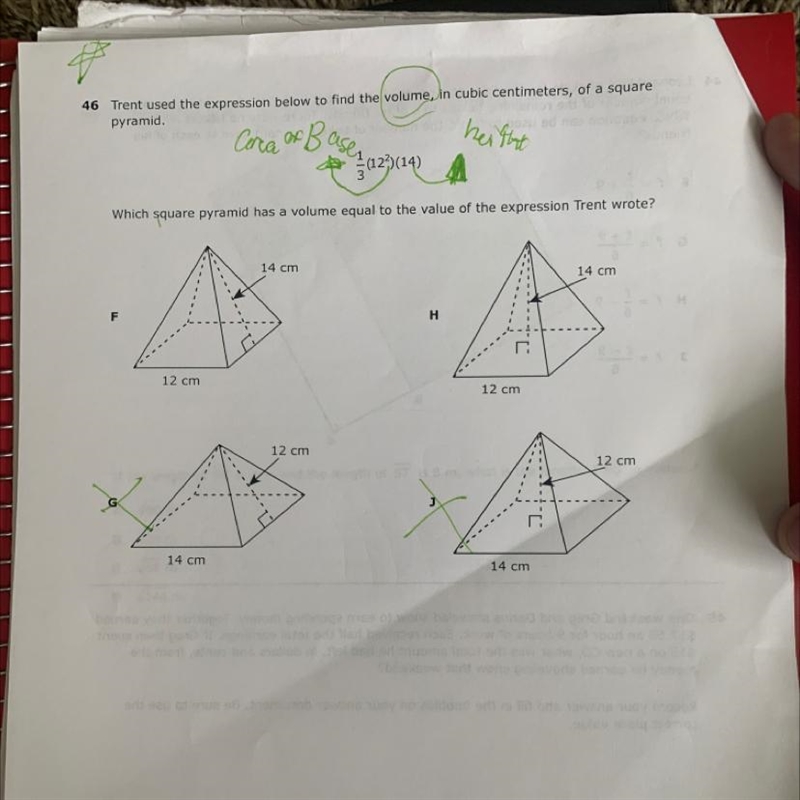 45 Trent used the expression below to Hind the volume in cubic centimeters of a squarepyramide-example-1