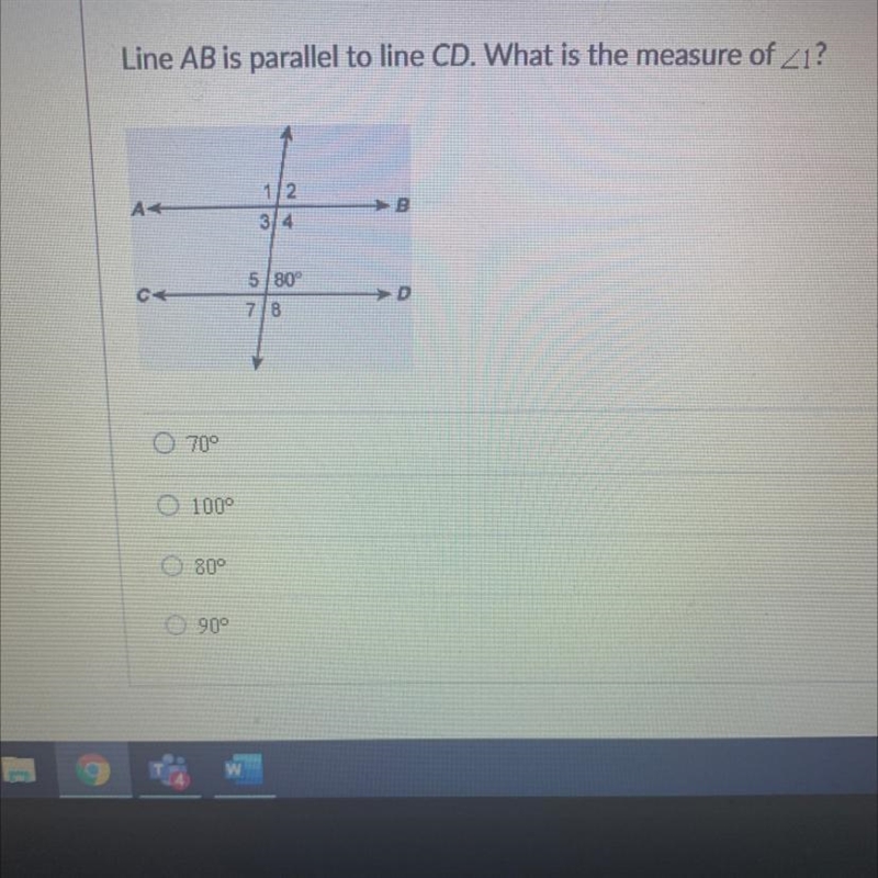 Line AB is parallel to line CD. What is the measure of 21?1/2A— В3/45 80°C→D78-example-1