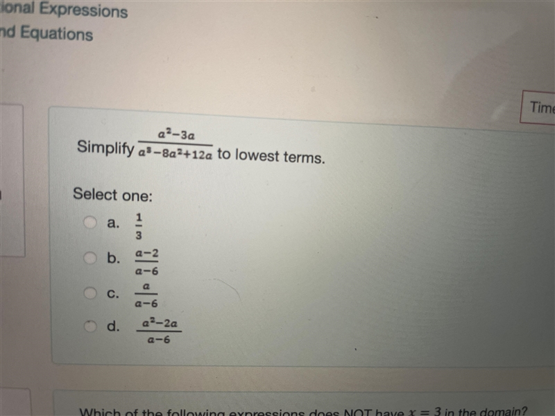 Simplify a^2-3a2 a^3-8a^2+12a to lowest terms-example-1