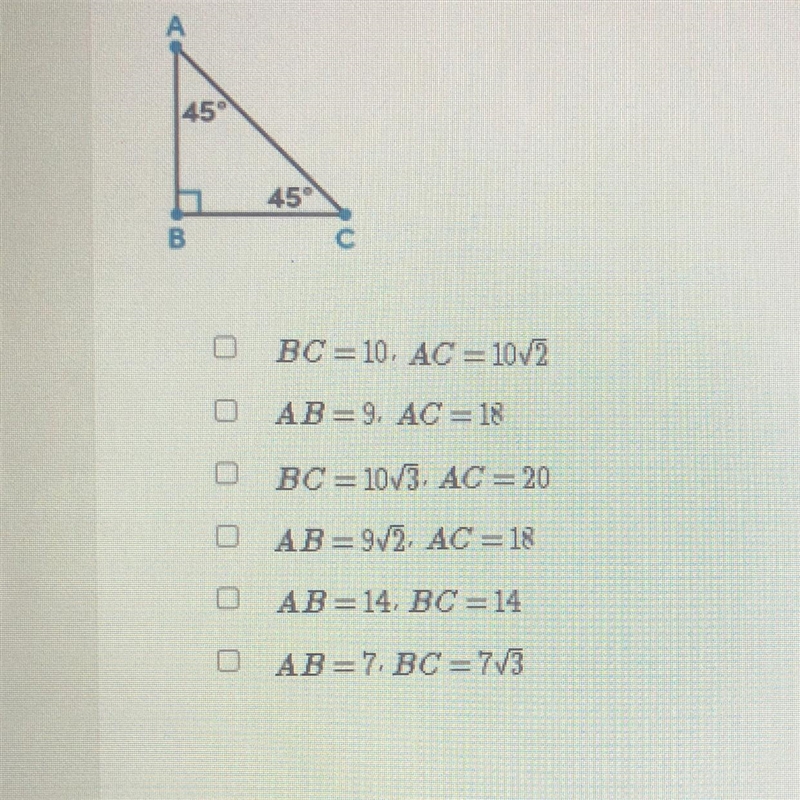 Which 3 pairs of side lengths are possible measurements for the triangle?-example-1