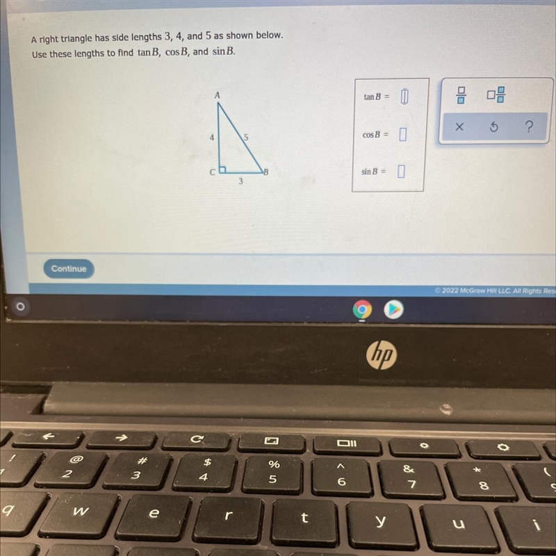 A right triangle has side lengths 3, 4, and 5 as shown below.Use these lengths to-example-1