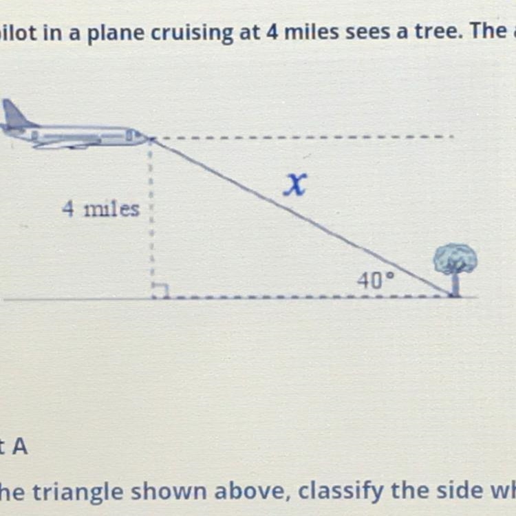 The pilot in a plane is cruising at 4 miles sees a tree. The angle of elevation from-example-1