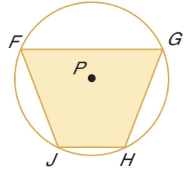 Trapezoid FGHJ is inscribed in P as shown. If FG = 24, JH = 10, and the diameter of-example-1