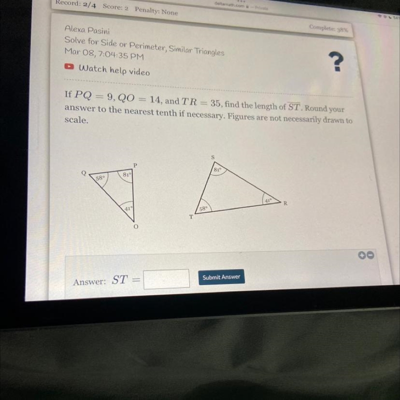 D Watch help videoIf PQ = 9, QO = 14, and TR = 35, find the length of ST. Round youranswer-example-1