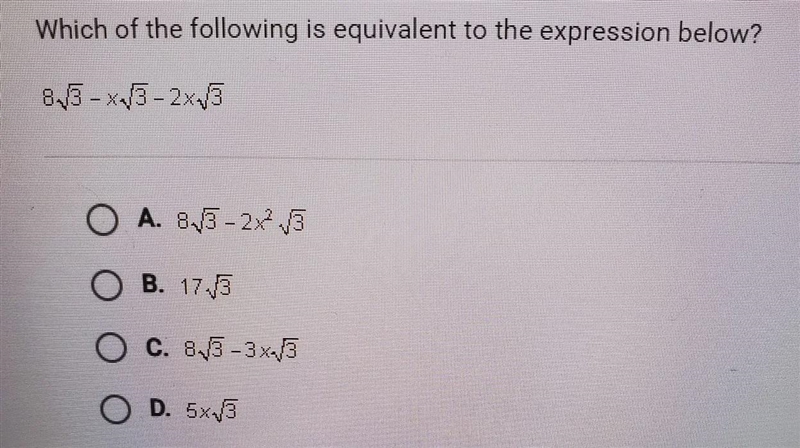 Which of the following is equivalent to the expression below? 8√3-x√3-2x√3-example-1