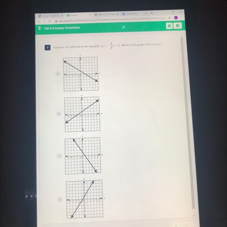 Function A is defined by the equation y=-2/3x+1. Which is the graph of function A-example-1