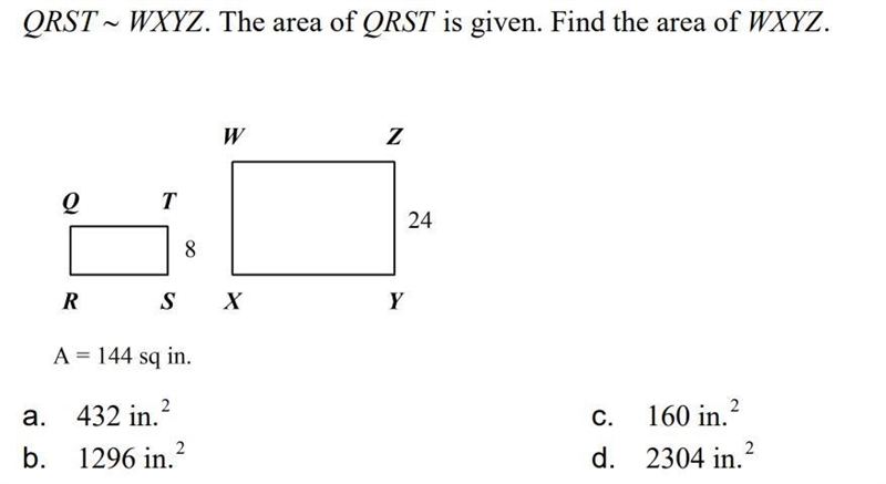 QRST  WXYZ. The area of QRST is given. Find the area of WXYZ.-example-1