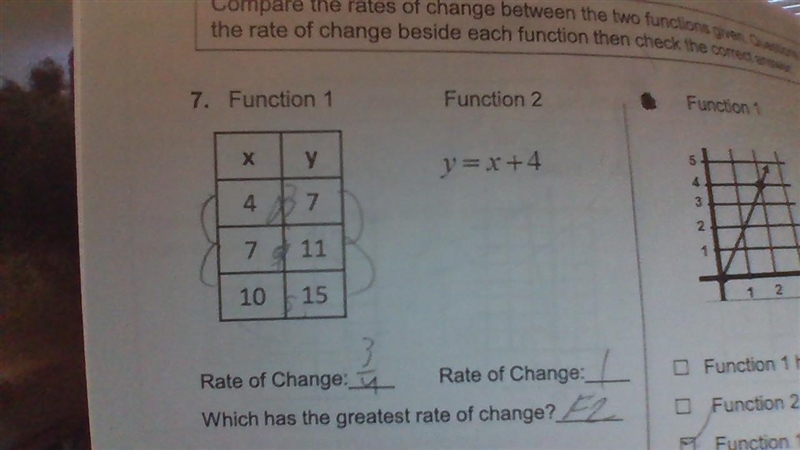 Function 2 y=x+4 Rate of Change: 3/4 Rate of Change: Which has the greatest rate of-example-1