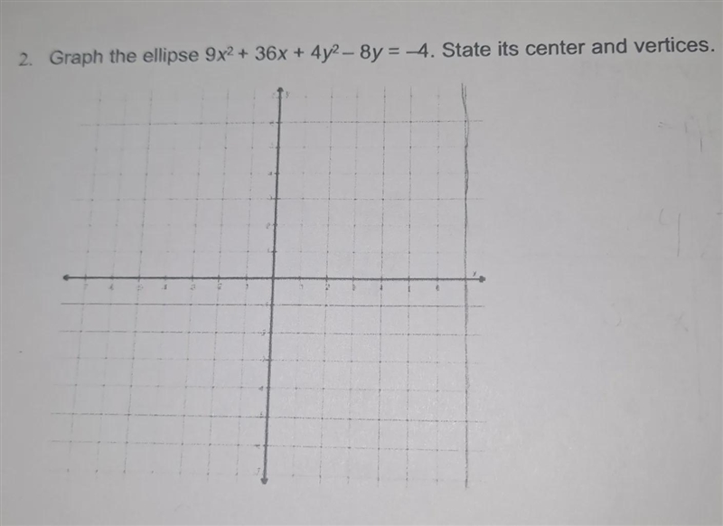 Graph the following ellipse and state its center and vertices-example-1