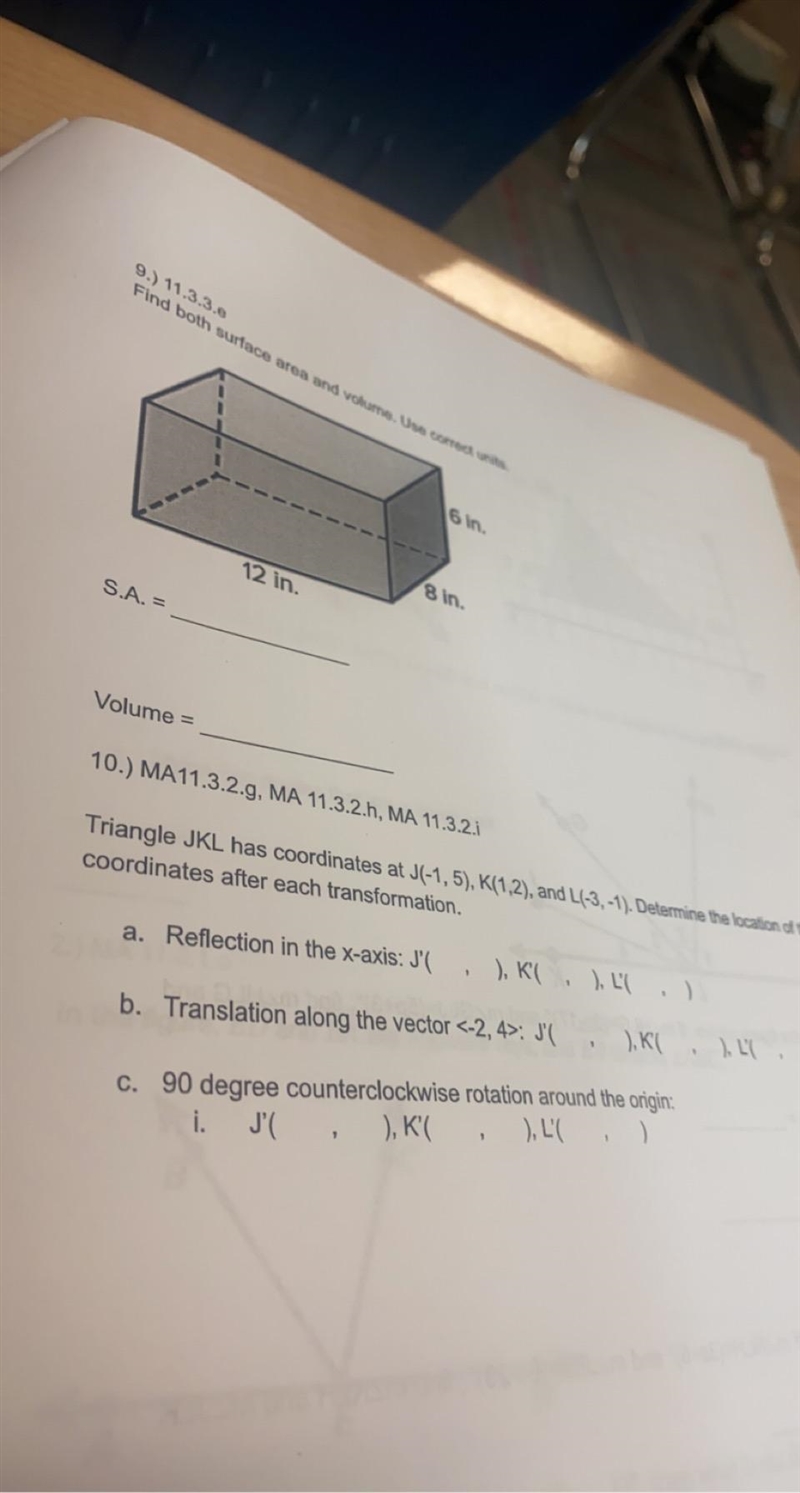 10.) MA11.3.2.g, MA 11.3.MATriangle JKL has coordinates at J(-1,5), K(1,2), and L-example-1