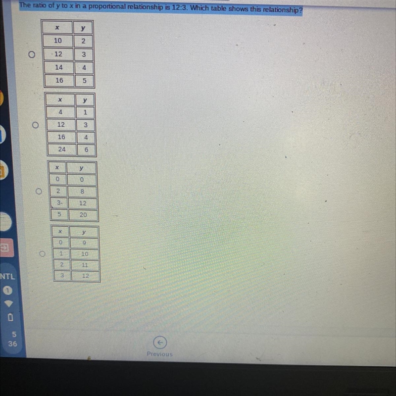 The ratio of y to x in a proportional relationship is 12:3. Which table shows that-example-1