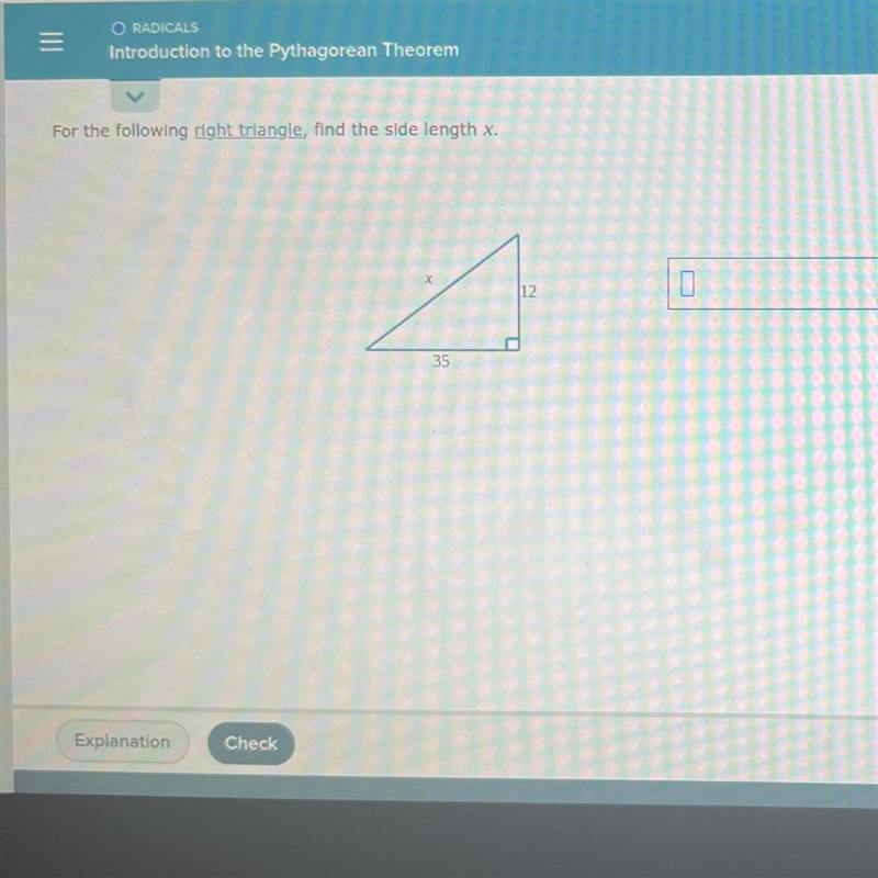 HELP PLEASE For the following right triangle, find the side length x.-example-1