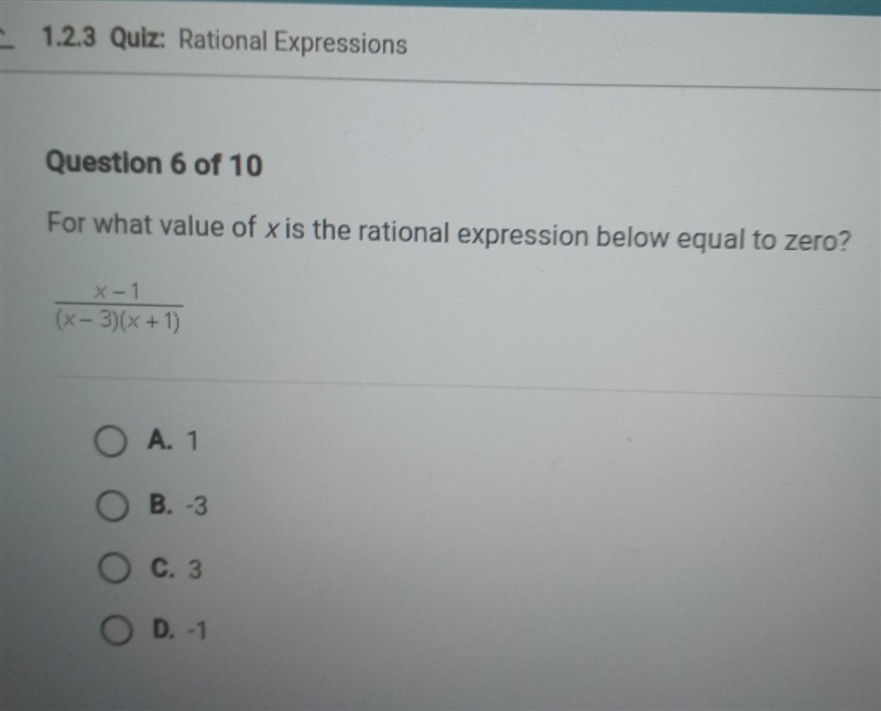 For what value of x is the rational expression below equal to zero? x_1/(X - 3)(x-example-1