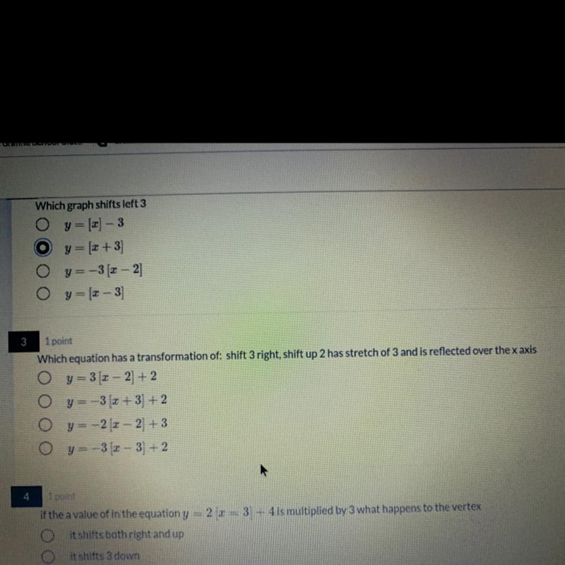 oWhich equation has a transformation of: shift 3 right, shift up 2 has stretch of-example-1