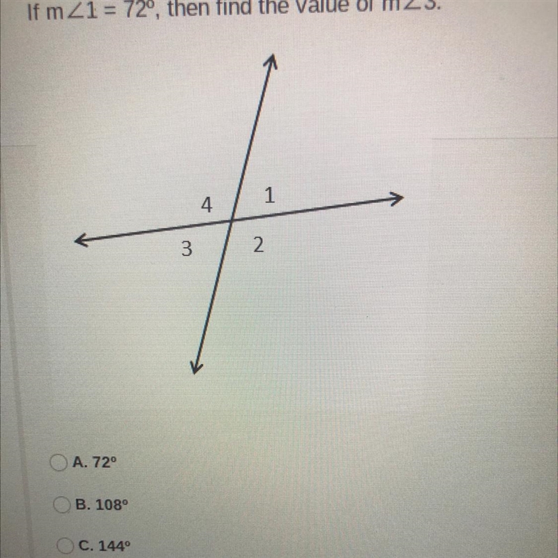 If m 1 = 72°, then find the value of m 3 a) 72°b) 108°c) 144°d) 18°-example-1