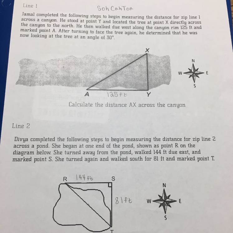 Line 1- Calculate the distance AX across the canyon.Line 2- Calculate the distance-example-1