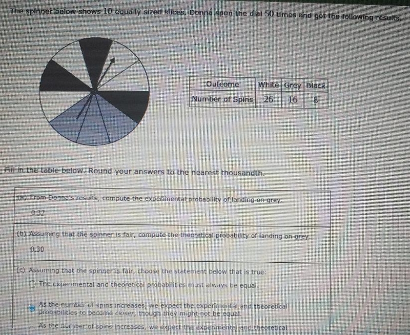 The spinner below shows 10 equally sized slices. Donna spun the dial 50 times and-example-1
