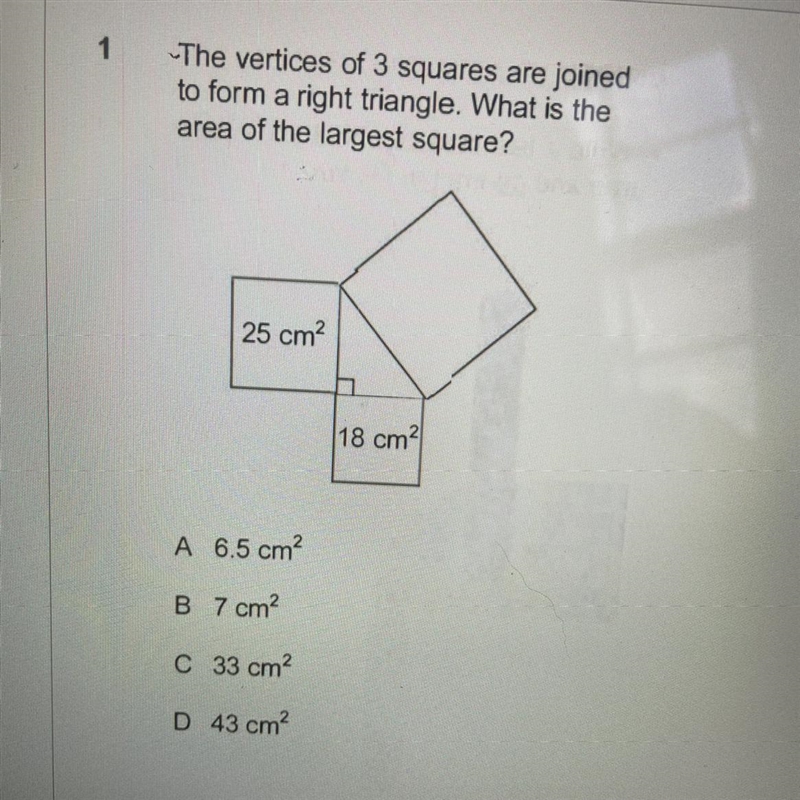 1 The vertices of 3 squares are joined to form a right triangle. What is the area-example-1