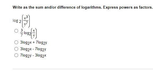 Write as the sum and/or difference of logarithms. Express powers as factors.-example-1