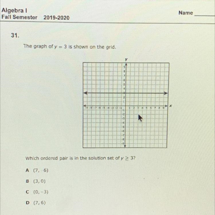 The graph of y = 3 is shown on the grid.уxadoSUN5-6Which ordered pair is in the solution-example-1