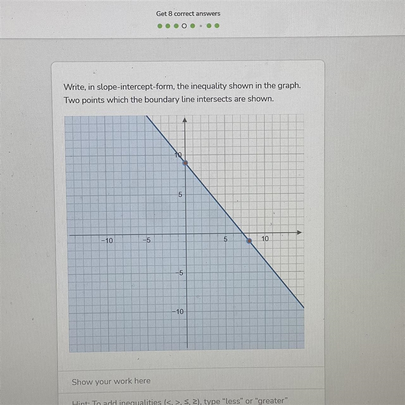 Write, in slope-intercept-form, the inequality shown in the graph. Two points which-example-1