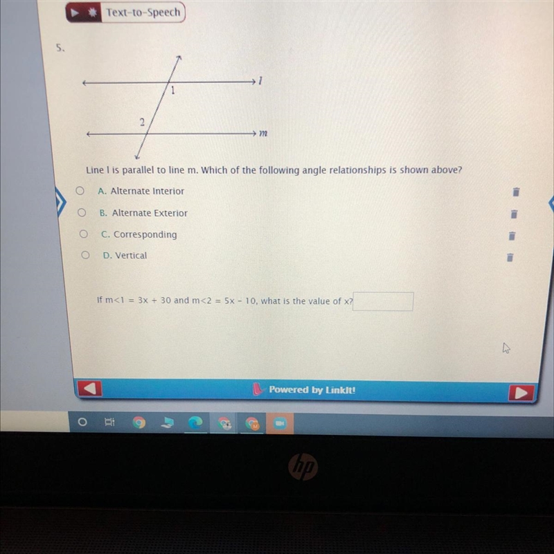 Line I is parallel to line m. Which of the following angle relationships is shown-example-1