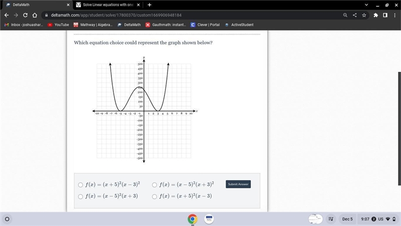 Which equation choice could represent the graph shown below? f(x)=(x+5)²(x-3)² f(x-example-1