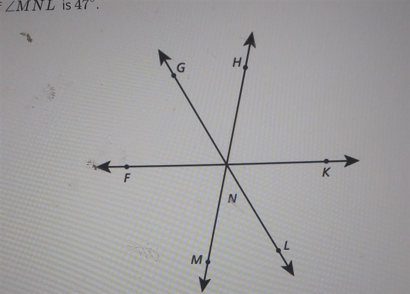 In the diagram below, three lines intersect at N. The measure of angle GNF is 60°, and-example-1